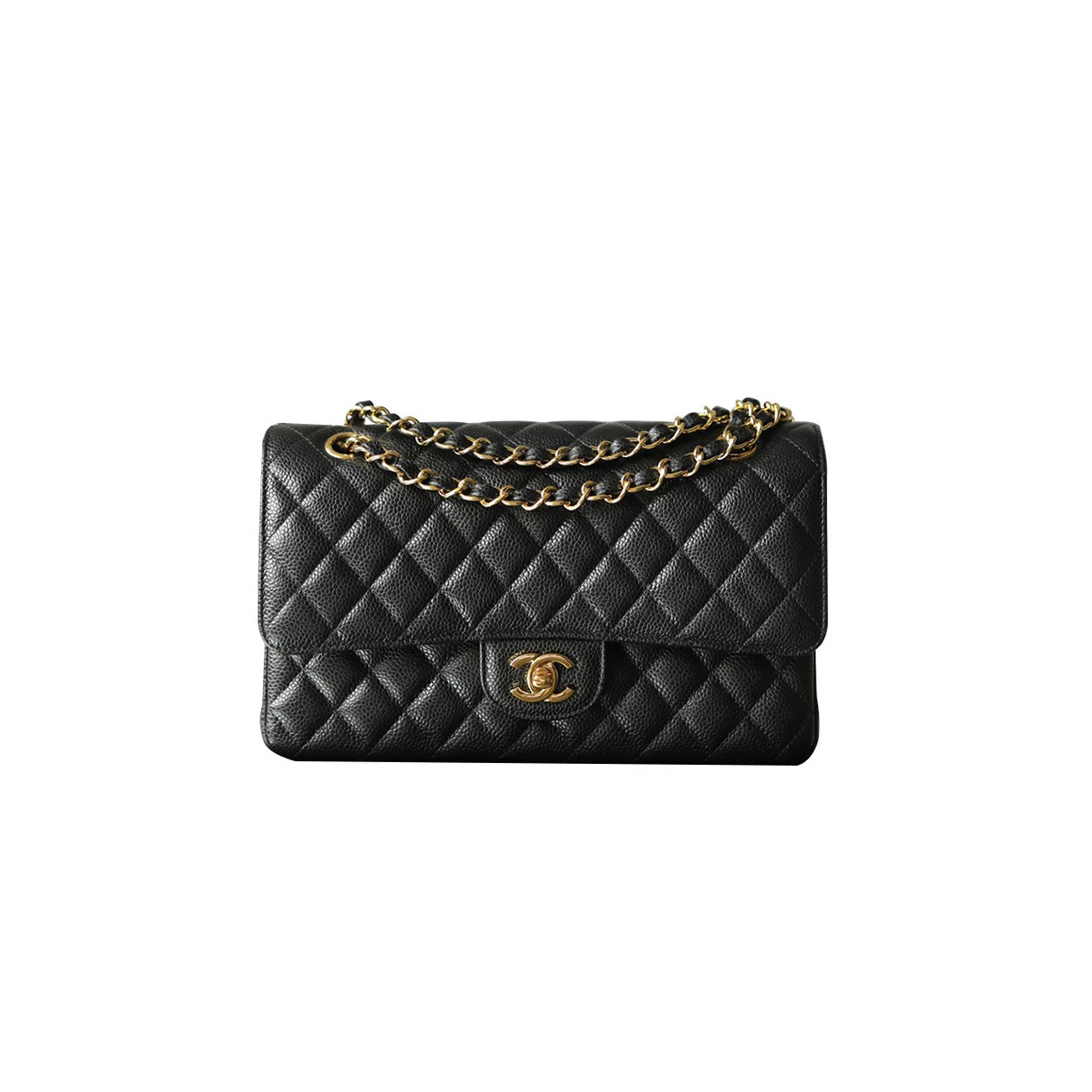 CHANEL MASTER CLASSIC FLAP MEDIUM BLACK ALL STEEL THICK PLATED 24K BUCKLE A01112 (25.5*15.5*6.5cm)